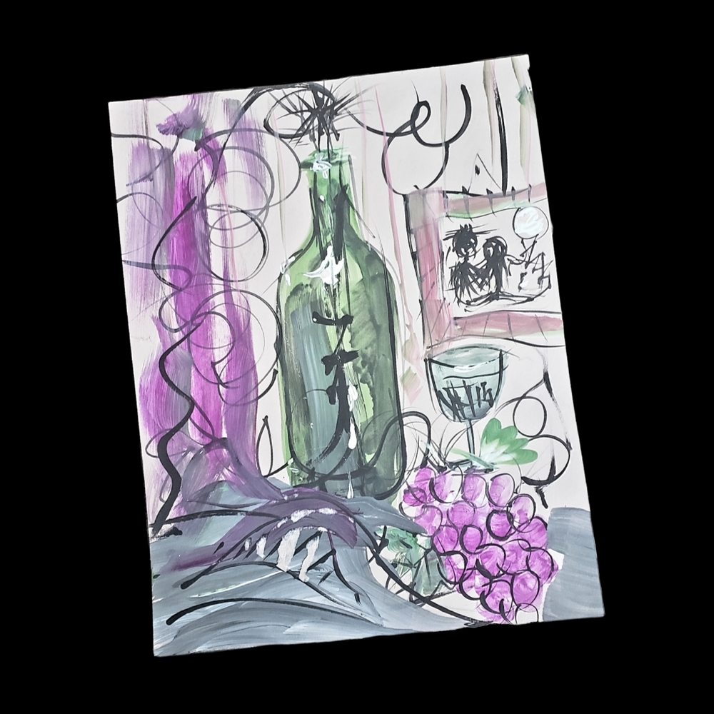 Green wine bottle grapes original "still nature" hand painting signed Bar Decor